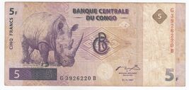 Congo 5 Francs Note,1997,(01/11/1997) Sn : G3926220B,Rhinocéros,P86,XF,Rare - $20.61