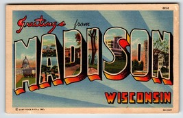 Greetings From Madison Wisconsin Large Letter City Postcard Curt Teich Unused - £9.20 GBP