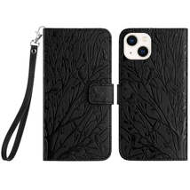 For iPhone 14 Plus Tree Birds Embossed Pattern Leather Phone Case(Black) - £3.94 GBP