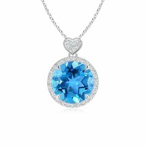ANGARA Swiss Blue Topaz Halo Pendant with Diamond Heart Motif in 14K Solid Gold - £847.50 GBP