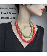 Fashion 2 Strand Pink &amp; Green Bead Necklace - £6.35 GBP
