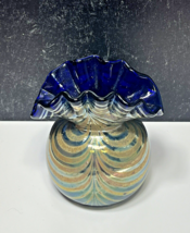 Blown Art Glass Vase Cobalt Blue Pulled Feather Crimped Ruffled Top Sign... - $49.50