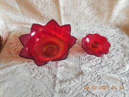 Vintage Fenton Ruby Red/Amberina 8 Petal Bowl &amp; 9 petal Candlestick/Holder - £25.30 GBP