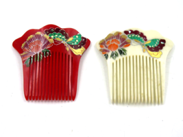 Vintage Celluloid Bakelite Hair Combs Red &amp; White Floral Butterfly 3&quot; - £19.74 GBP