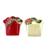 Vintage Celluloid Bakelite Hair Combs Red &amp; White Floral Butterfly 3&quot; - £19.42 GBP