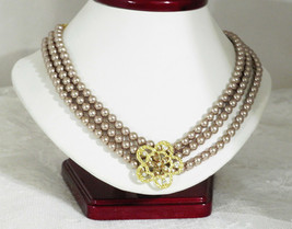 Triple Strand Rose Colored Faux Pearl Necklace w/Jeweled Flower   Signed &quot;RMN&quot; - £13.52 GBP