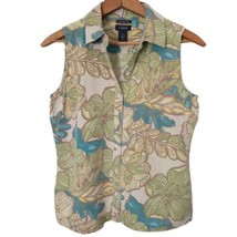 Izod Silk Blouse 4 Shirt Sleeveless Buttons Banana Leaf Pastel Tropical Print - £19.72 GBP