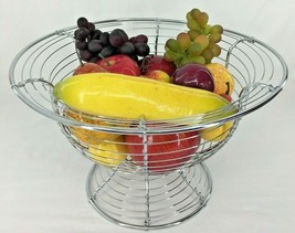 Chrome Wire Footed Round Decorative Basket w/Artificial Fruit Table Cent... - £28.06 GBP