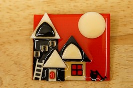 Vintage Artisan Crafted Fused Plastic Brooch Full Moon HOUSE Pin Lucinda Yates - £19.77 GBP
