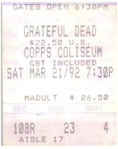 Grateful Dead Ticket Stub March 21 1992 Hamilton Ontario Canada - $34.64