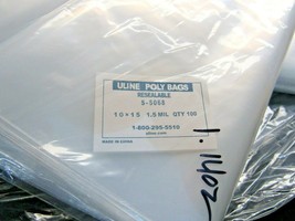 Uline Brand 10&quot; x 15&quot; Poly Bags Resealable 1.5 mil Clear Pack of 100 S-5068 - £7.96 GBP
