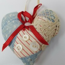 Christmas Ornament Heart Fabric Blue Red Lace Button Vintage 1970s Handmade  - $15.15