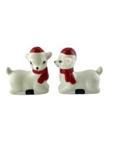Christmas Reindeer Salt &amp; Pepper Shakers White with Red Scarf and Santa Hat - $16.50