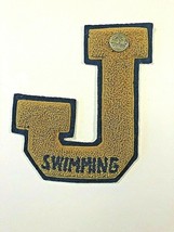 Blue/Gold 6.5&quot; Vtg1969 Chenille Joliet IL Varsity &#39;J&#39; Swimming Letter Patch+Pin - £30.06 GBP