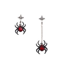 Women Jewelry Punk Rock Unglazed Black Spider Ear Stud Red Gem Asymmetric Chain  - £8.32 GBP
