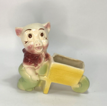 Vintage 50s Shawnee Ceramic Pig w Wheelbarrow Planter Yellow Green Retro Decor - £19.67 GBP