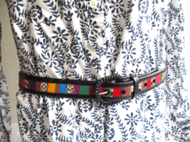 Authentic Guatemala Black Leather Colorblock Fabric Belt size 34&quot; Handmade - £15.21 GBP