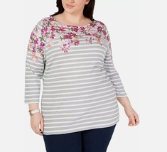 Karen Scott Womens Plus 0X Autumn Berry Striped Floral Boat Neck Top NWT A29 - £15.65 GBP