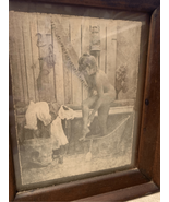 Peeping Nude Woman Barrel Tub Sepia Print Vintage R. Hendrickson Framed ... - £25.15 GBP