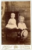 Circa 1880&#39;S Cabinet Card Two Adorable Children Curly Hair Hat Reed Clinton, Ia - £9.73 GBP