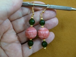 (ee490-11) Pink Rhodochrosite + Green Jade gemstone gold tone dangle earrings - £18.37 GBP