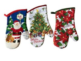 Christmas Themed Fabric Oven Mitts Glove Lot of 3 - £12.03 GBP