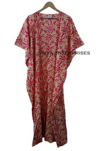 Leaf Print Pink Women Maxi Gown Cotton Long Kaftan Bathrobe Maternity NightDress - £24.77 GBP