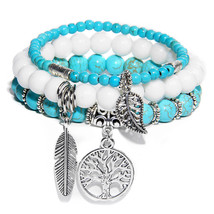 3Pcs/Set Turquoises Stone Beads Bracelet Set Lotus Tree Of Life Leaves Feather C - £12.03 GBP