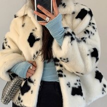 Lucyever Black White Cow Pattern Faux Mink Coat Womens Elegant Winter Short Turn - £57.40 GBP