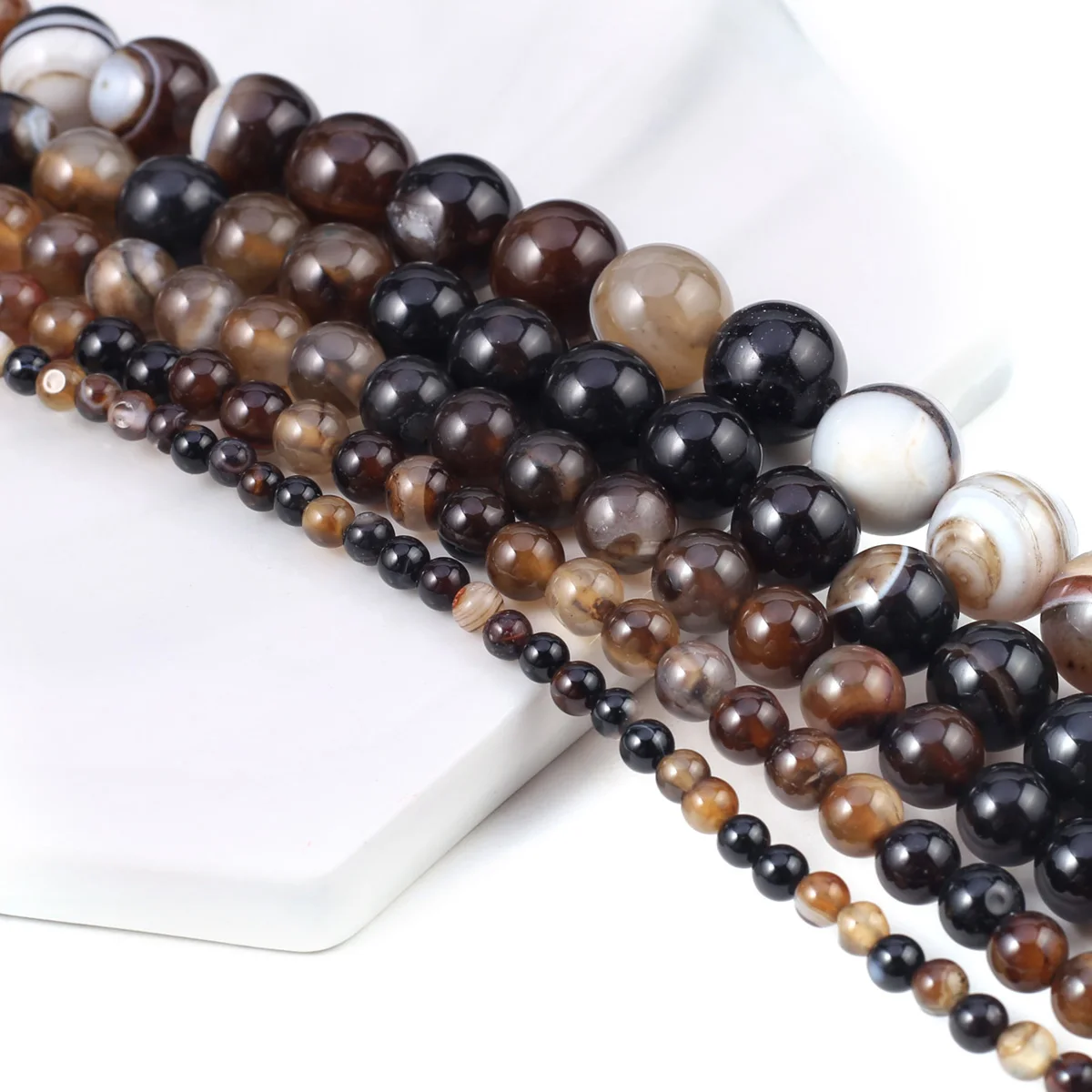 Natural Stone Gemstone Beaded Round Brown Black Striped Agate Loose Beads for - £8.01 GBP+
