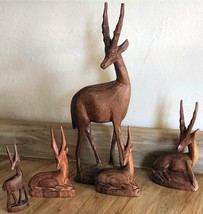 Vintage Hand Carved In Kenya Impala Antelope Wooden Gazelle Family Set of 5 - £31.70 GBP