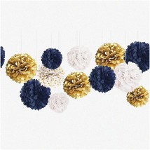 Celebrate in Style with 12 PCS Navy Blue and Gold Tissue Paper Pom Poms ... - $32.66