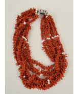 Coral Pearl Necklace 7 Strand Salmon Red Branch Sterling Silver Pave Cla... - £120.74 GBP