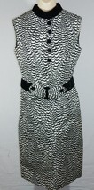 Vintage Black And White Patterned Sleeveless Midi Dress W Belt Sz 14 - £39.50 GBP