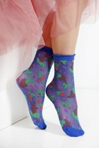 MICOL sheer Yellow/Blue Socks for Women Lady Grape Pattern  - £7.78 GBP