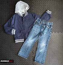 Gap Kids Boys Varsity Jacket Button Zip Up Hoodie Blue Gray Medium &amp; Jeans 10 - £31.53 GBP