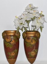 Pr Art Deco Floral Wall Pockets 8.5&quot; Ceramic Wall Vase Brick Red w Green &amp; Gold - £38.95 GBP