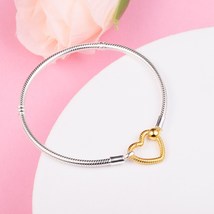 925 Sterling Silver Two Tone Moments Heart Closure Snake Chain Bracelet - £22.90 GBP