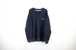 Vintage 90s Nautica Mens XL Faded Spell Out Cotton Knit V-Neck Sweater Navy Blue - £47.44 GBP