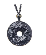 Black Obsidian Dragon &amp; Bat Fortune Pendant Amulet with Mantra Bead – 37... - $41.03 CAD
