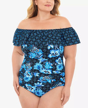 Swim Solutions One Piece Swimsuit Ruffled Navy Multi Plus Size 22W $119 - Nwt - £21.22 GBP