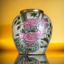 Vintage Brass and Enamel Cloisonné Floral Bud Flat Vase 4.25&quot; Pink Birds on Rose - £31.27 GBP