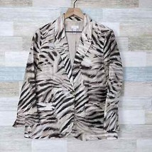 Chicos Linen Nylon Animal Print Blazer Brown Beige 3/4 Sleeve Womens 1 Medium - £27.68 GBP