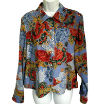 Coldwater Creek Jacket Size M Blue Red Rose Floral Linen Rayon Button Down - £21.99 GBP