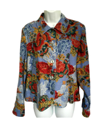 Coldwater Creek Jacket Size M Blue Red Rose Floral Linen Rayon Button Down - £22.10 GBP