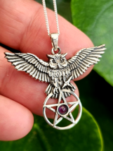 Owl Pentagram Amethyst Necklace &amp; 18&quot; Chain All 925 Sterling Silver Boxed Gift - £39.61 GBP