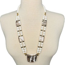 Ceramic Necklace 28” White Golden Brown Beads Square Pendant 80s Made In... - £11.91 GBP