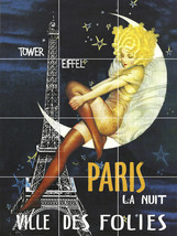 vintage poster Paris at night Eiffel tower moon ceramic tile mural backsplash - £156.82 GBP
