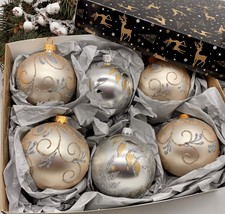 Set of pearl and silver Christmas glass balls, hand painted ornaments wi... - £53.28 GBP