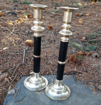 Solid Brass Candle Holders Matching Candlestick Pair Black Enamel Weddin... - $23.50